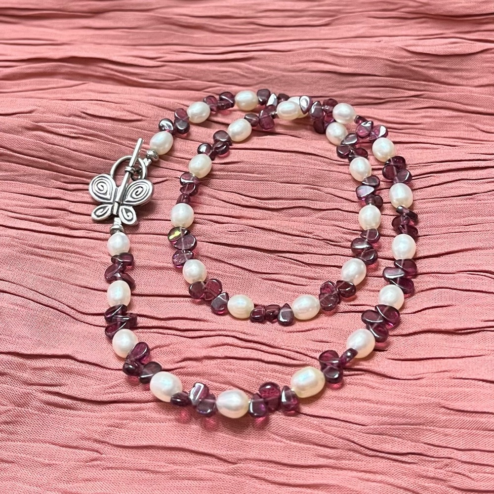 Natural Rhodolite Garnet Freshwater Pearl Butterfly Necklace - Sterling Silver